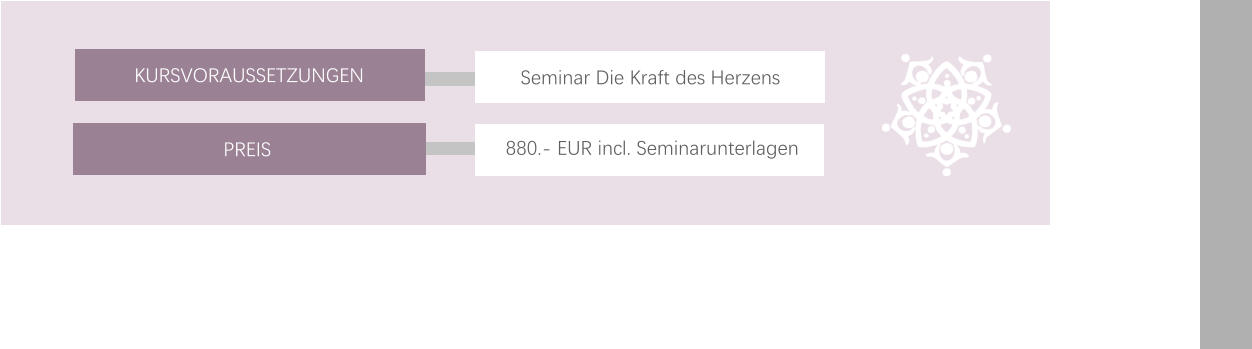 KURSVORAUSSETZUNGEN PREIS    Seminar Die Kraft des Herzens  880.- EUR incl. Seminarunterlagen